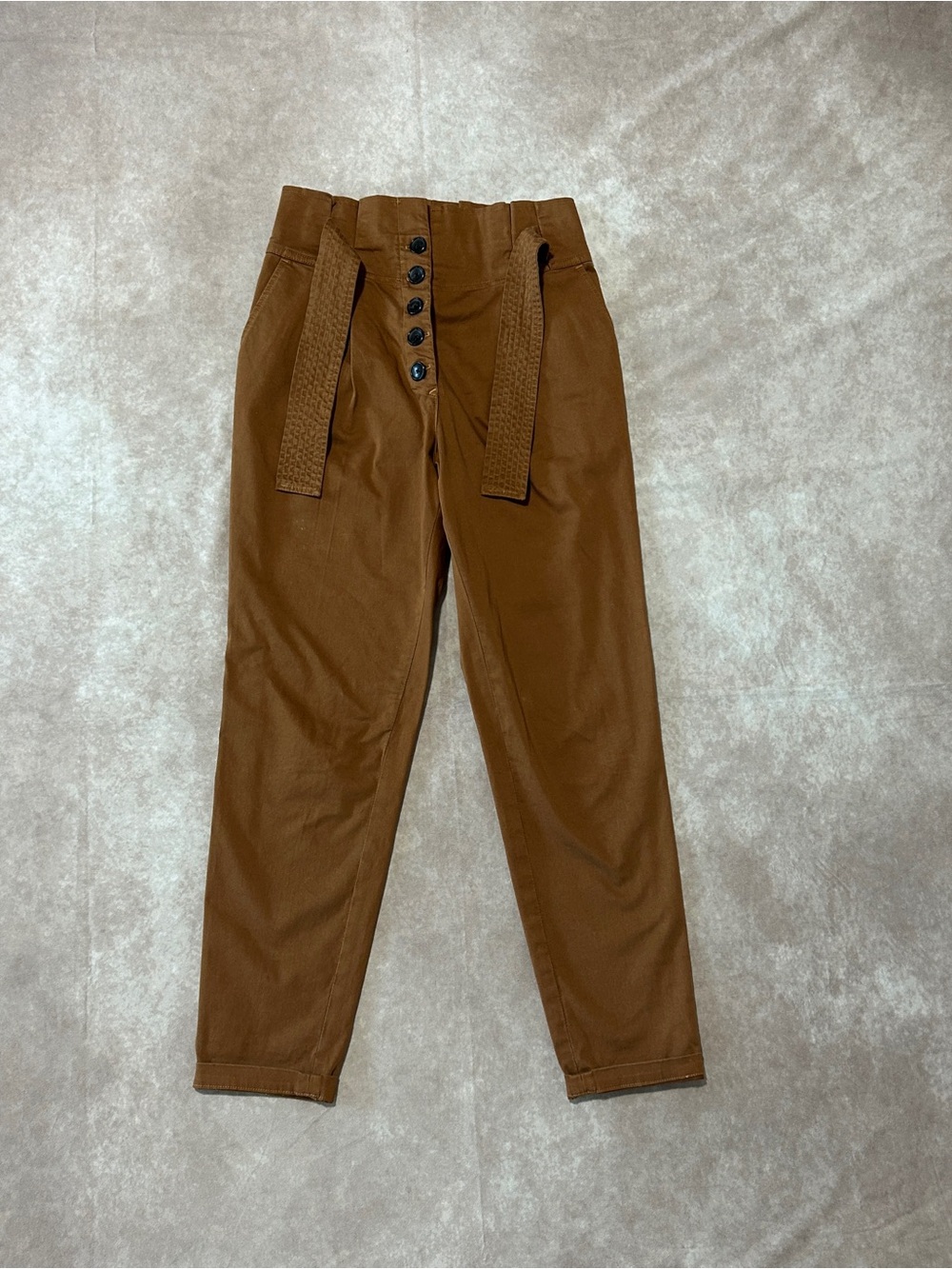 A.L.C. Chestnut Brown Paperbag Waist Button-Front Chinos Trouser Belt High Rise